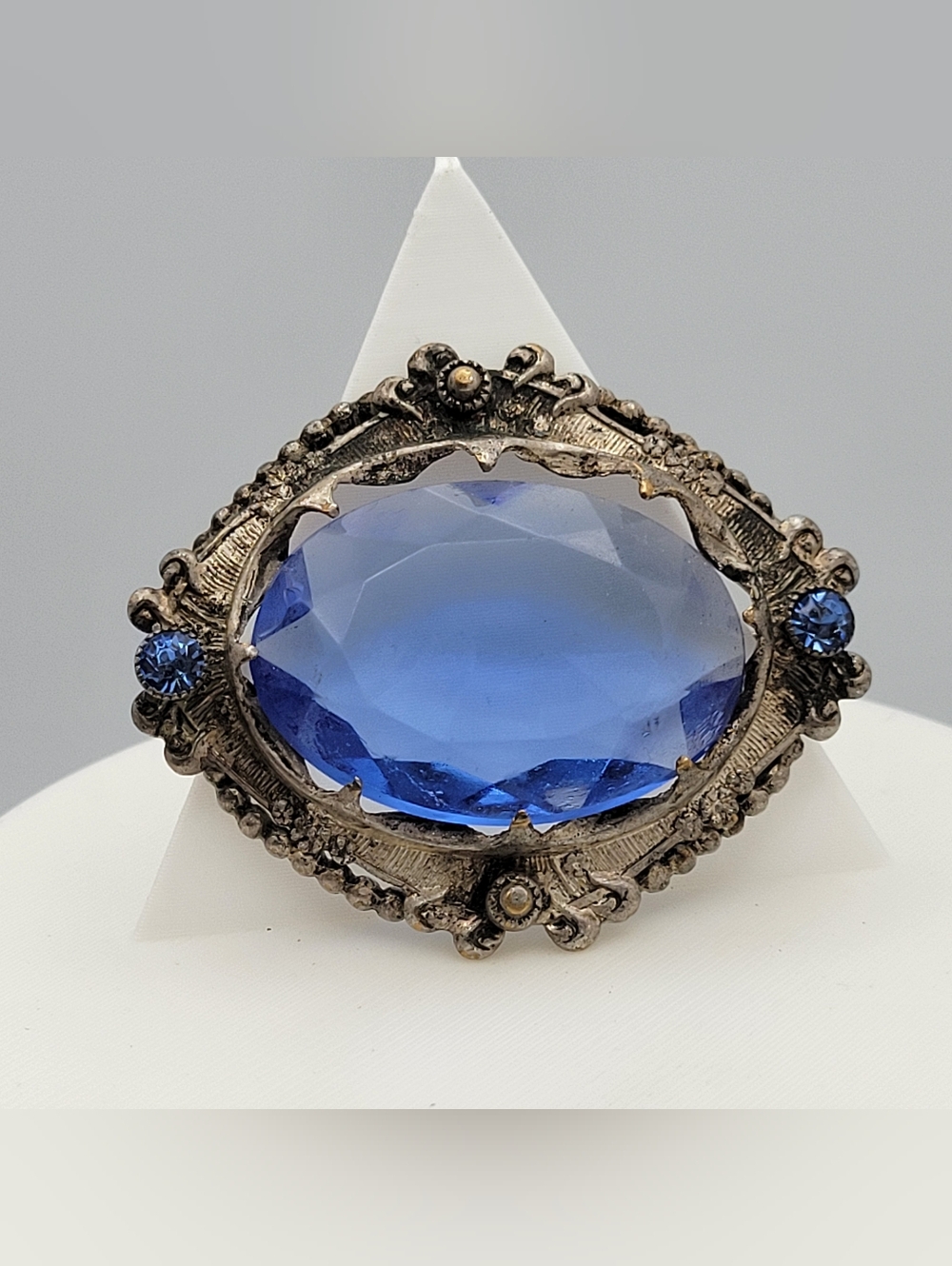 Vintage Czech Bohemian Large Blue Glass Oval Rhinestone Silver-Tone Brooch
